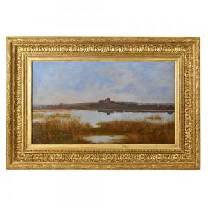OLD PAINTINGS LANDSCAPES, LANDSCAPE WITH RIVER AND VILLAGE, OIL ON CANVAS, 19TH CENTURY. (QP591)